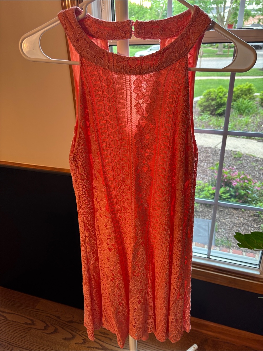 Sleeveless Lace Shift Dress in Coral
